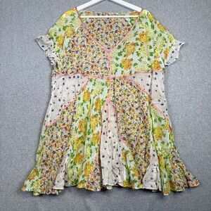 Free People Women's Size Medium Wildflower Patchwork Short Sleeve BOHO Blouse